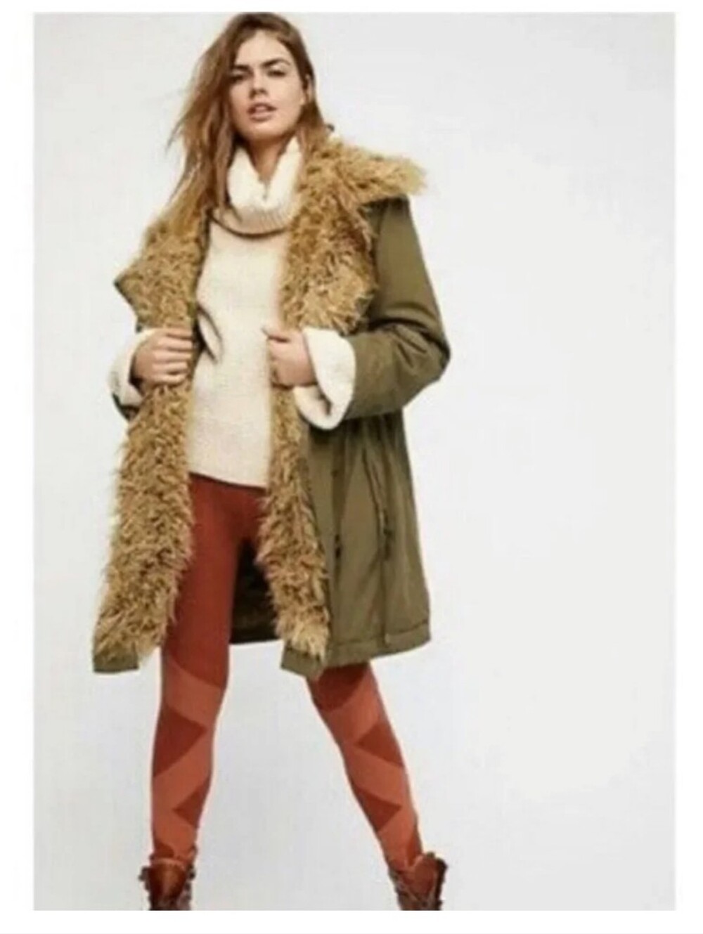 Free People Green Oversized Parka With Faux Fur Extreme Moto Coat, Size S